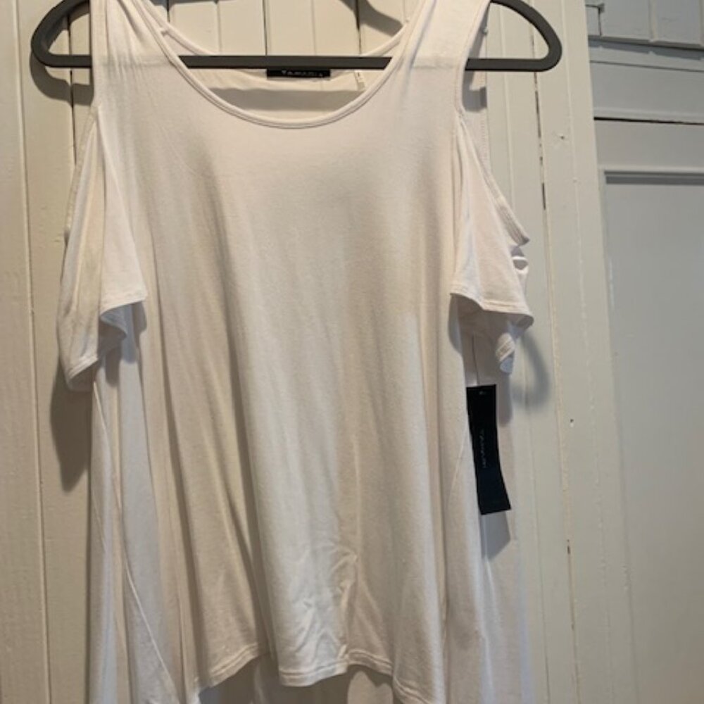 Tahari, white, cold shoulder short sleeve blouse